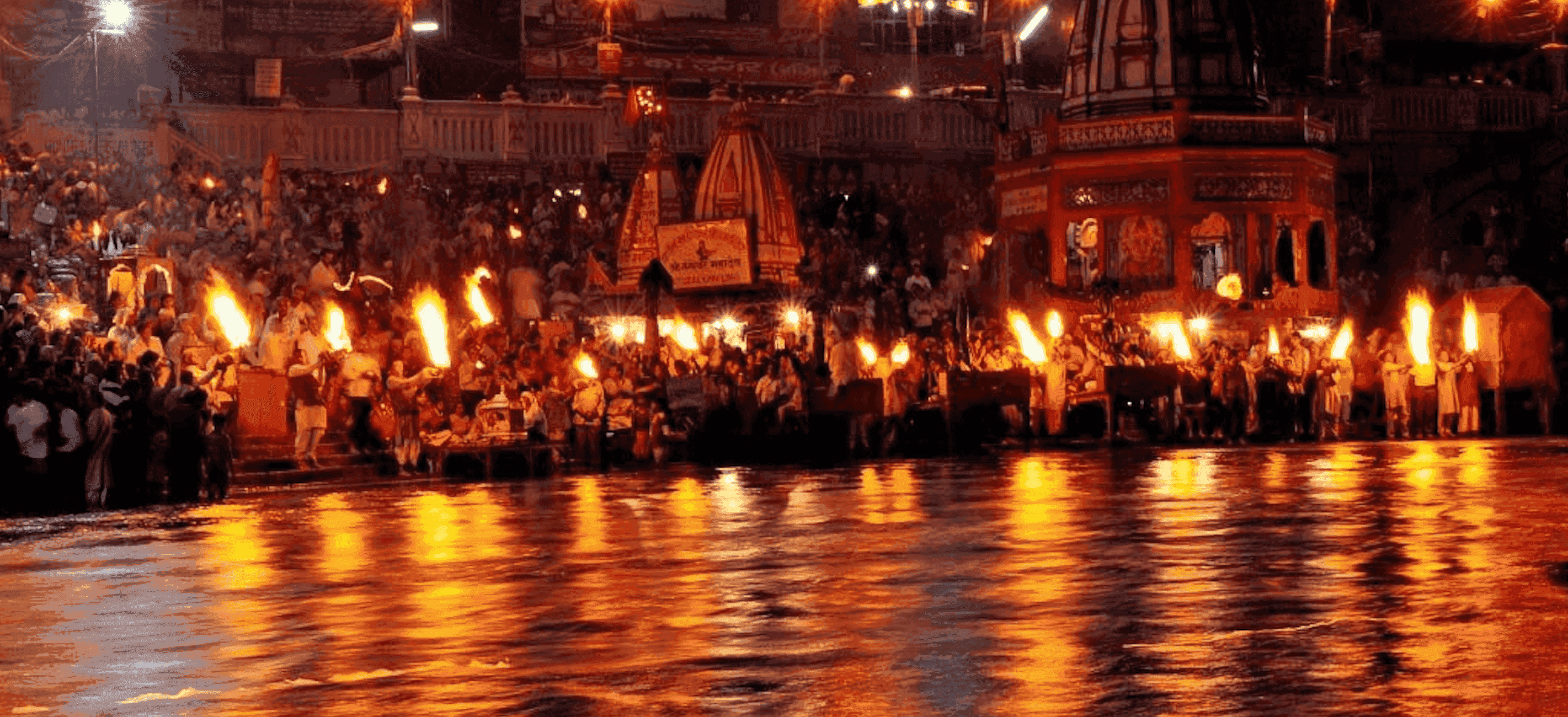 Varanasi's ganga aarti in evening - scenic view of holy ghats
