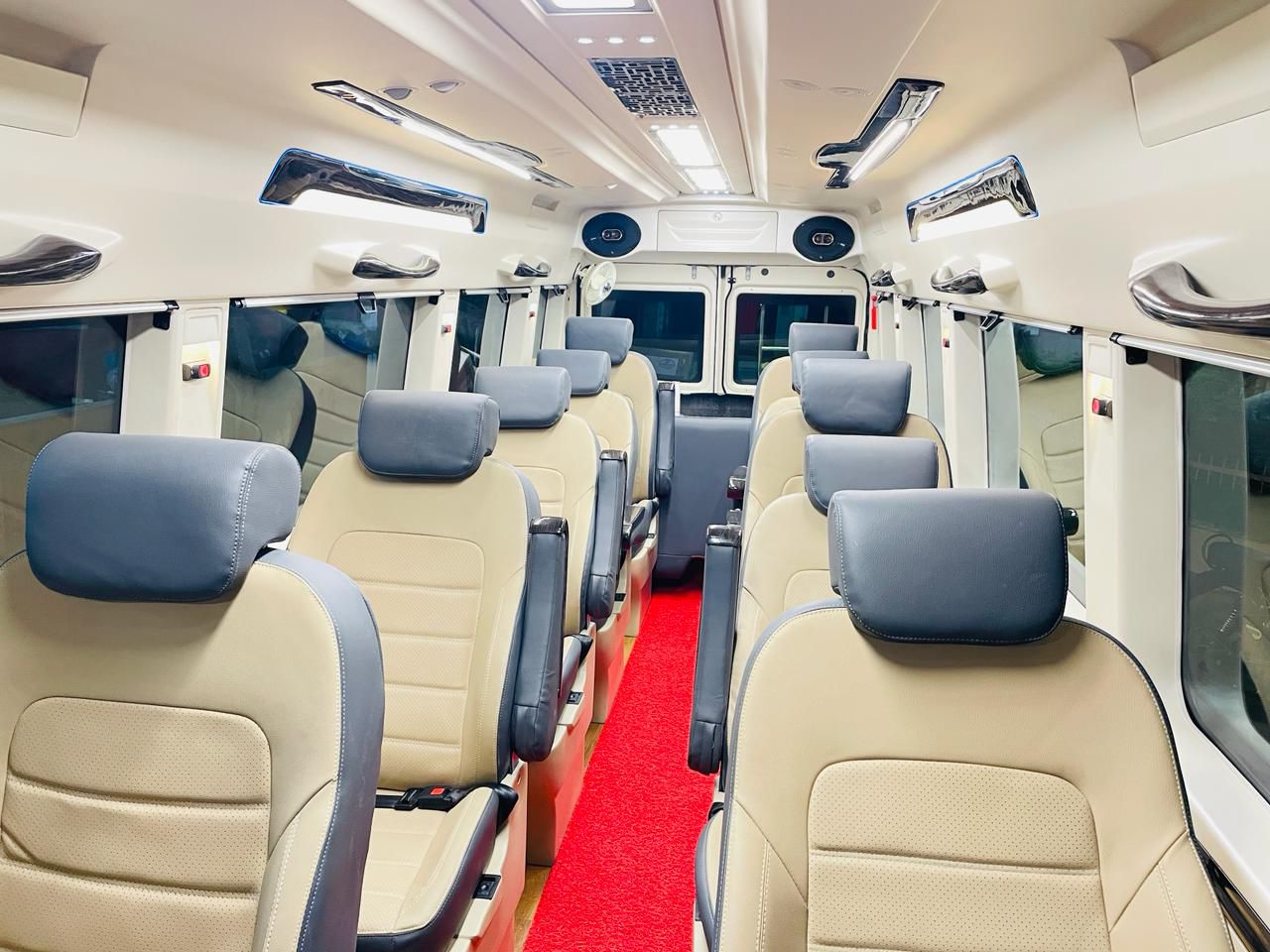 Clean interior space for multi-day ritual circuit Tempo traveller interior for pind daan circuit