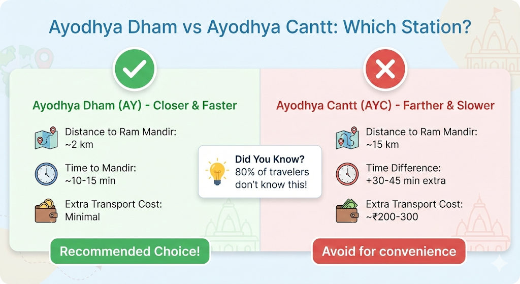 Ayodhya Dham vs Ayodhya Cantt: Complete Station Comparison - Distance, Time, and Cost Differences Ayodhya Dham vs Ayodhya Cantt station comparison - which station to choose for Ram Mandir to Varanasi journey