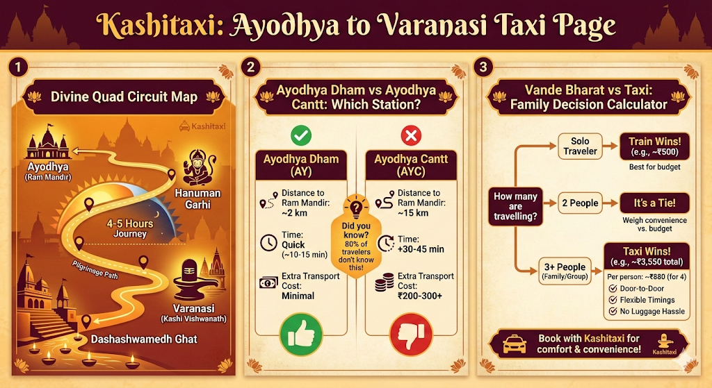 Ayodhya to Varanasi Complete Guide: Divine Quad Circuit, Station Selection, and Vande Bharat vs Taxi Cost Comparison Ayodhya to Varanasi taxi page infographics - Divine Quad Circuit Map, Station Confusion Comparison, Vande Bharat vs Taxi Calculator