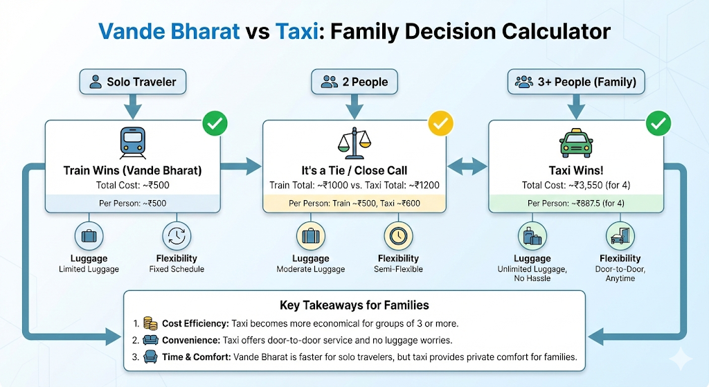 Ayodhya to Varanasi: Vande Bharat vs Taxi Family Decision Calculator - Solo, Couples, and Groups Vande Bharat vs Taxi family decision calculator showing cost breakdown for solo, 2 people, and 3+ people groups