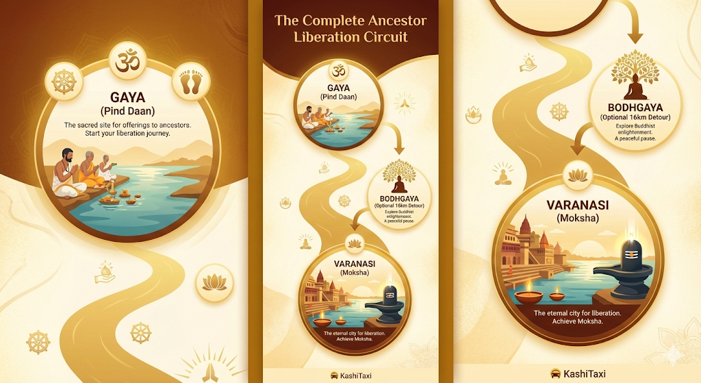 Gaya to Varanasi Complete Ancestor Liberation Circuit: Pind Daan → Bodhgaya (Optional) → Moksha Complete ancestor liberation circuit from Gaya Pind Daan through optional Bodhgaya to Varanasi Moksha