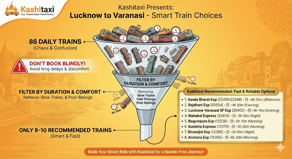 Lucknow to Varanasi: 86 Daily Trains Filtered to Best 8-10 Options - Vande Bharat, Rajdhani, and Fast Express Trains Lucknow to Varanasi smart train choices - Filter 86 daily trains to find only 8-10 recommended fast and reliable options