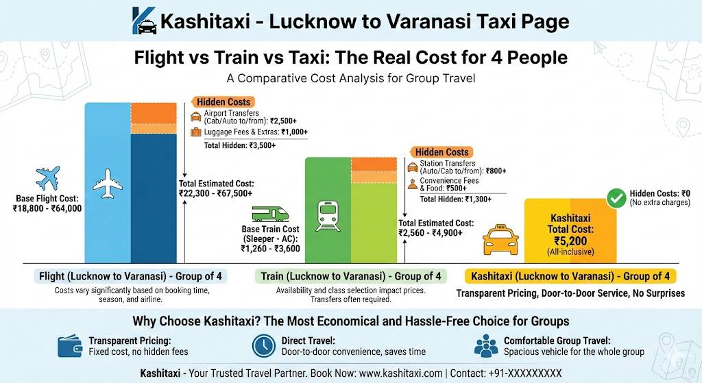 Lucknow to Varanasi: Flight vs Train vs Taxi Real Cost Comparison for 4 People Flight vs Train vs Taxi cost comparison for Lucknow to Varanasi - Group of 4 people showing hidden costs and total estimated expenses