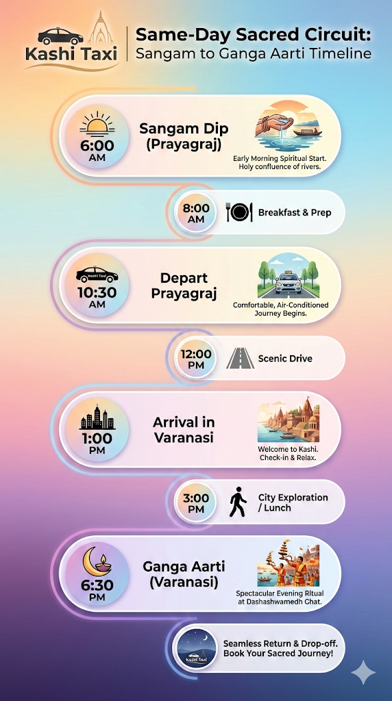 Prayagraj to Varanasi Same-Day Sacred Circuit: Sangam to Ganga Aarti Complete Timeline Same-Day Sacred Circuit timeline from Prayagraj Sangam to Varanasi Ganga Aarti showing hour-by-hour itinerary